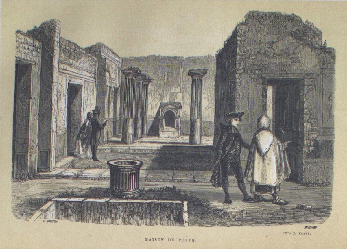 Interior view of a stone temple with columns and two people standing and walking among the ruins.