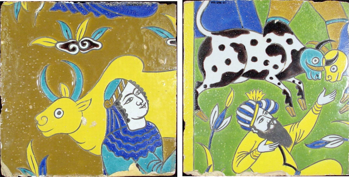 Illustration showing a yellow rabbit, a person in blue and white, and a black and white spotted dog with a yellow and green abstract background.