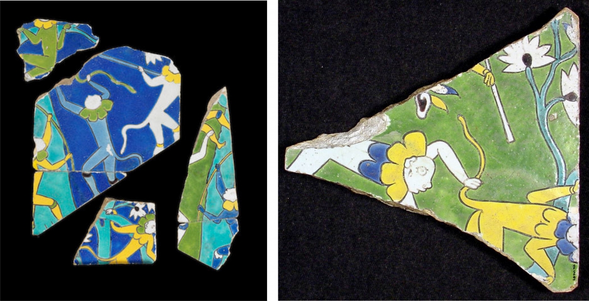Two ceramic fragments with intricate blue, green, yellow, and white patterns on a black background.