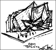 Sketch of the Royal Ontario Museum building with angular, modern architectural lines and small human figures in front.