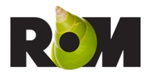 ROM logo with black letters and a green spiral seashell forming the letter "O".