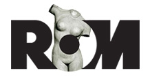 ROM logo with black letters and a white stone sculpture of a female torso integrated into the letter O.