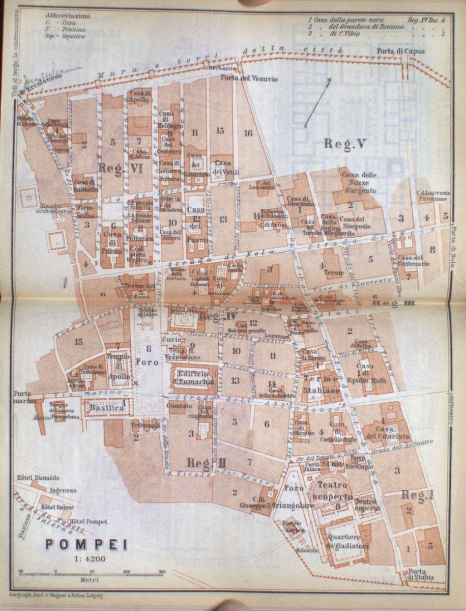 POMPEI Antiquarium; Plan of Pompeii showing areas numbered and sectioned, with a scale of 1:1,000; text in Italian.
