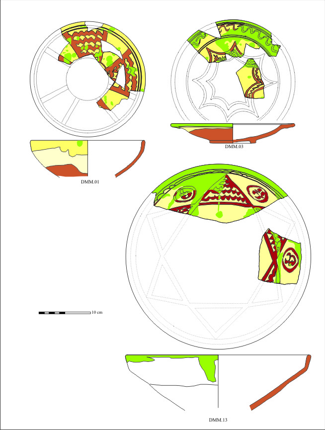 illustration of pottery fragments with painted geometric and animal designs in green, yellow, and red.