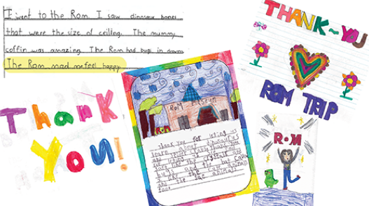 A collage of four colorful thank-you notes with handwritten text, drawings, hearts, and words like "Thank you!" and "ROM."