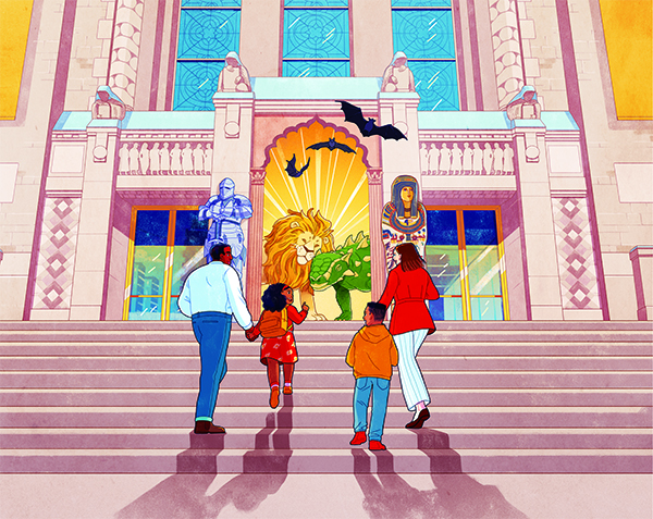 Children and adults walking up steps toward a museum entrance decorated with art depicting a golden sun, trees, and a pterodactyl.