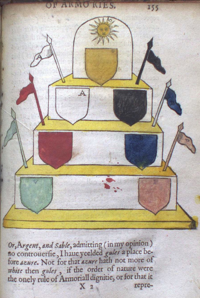 A tiered pyramid with seven shields of different colors and various flags on poles surrounding it.