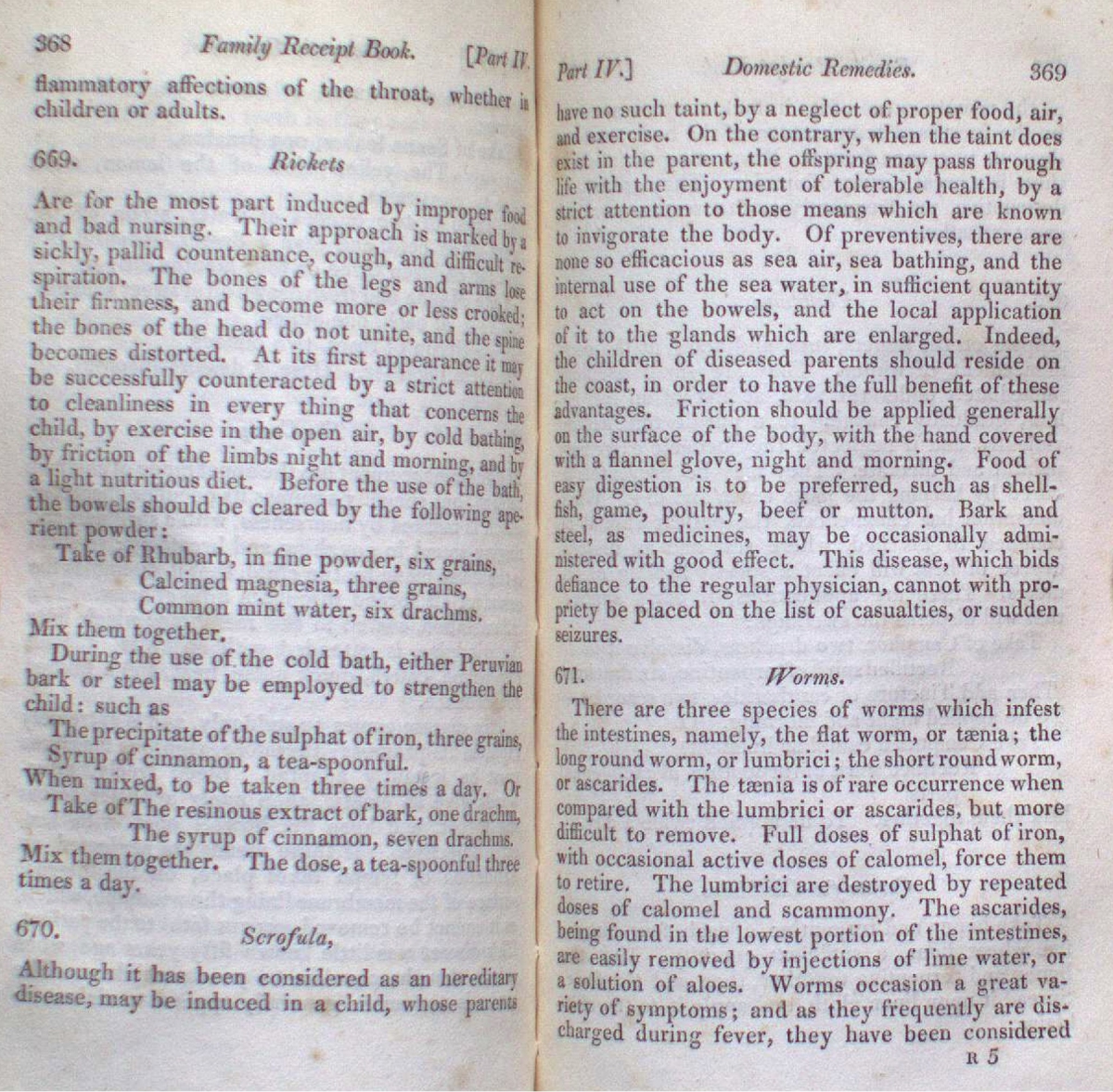 Page from a book showing text titled "Family Receipt Book" with sections "New Tea," "Domestic Pies," and "Soup."