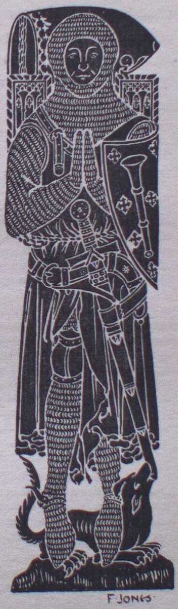 A detailed black and white line drawing of a medieval knight holding a sword and wearing armor and chainmail.