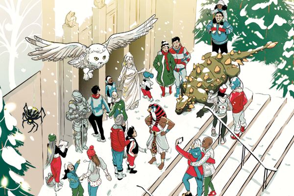 Illustration of people in winter clothing watching a snowy owl fly indoors near a decorated Christmas tree.