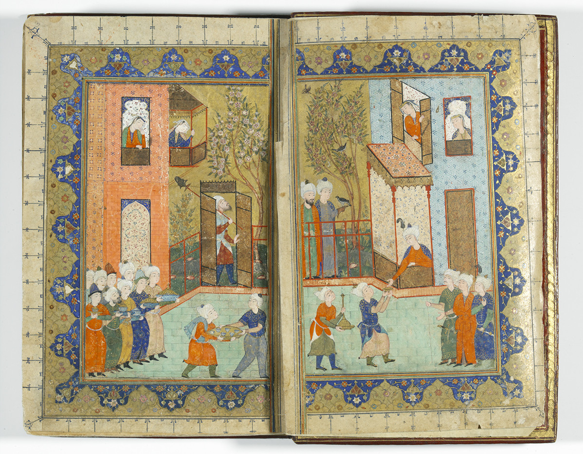 Two-page illustrated manuscript showing a group of people on the left, buildings, trees, and people engaged in various activities on the right.