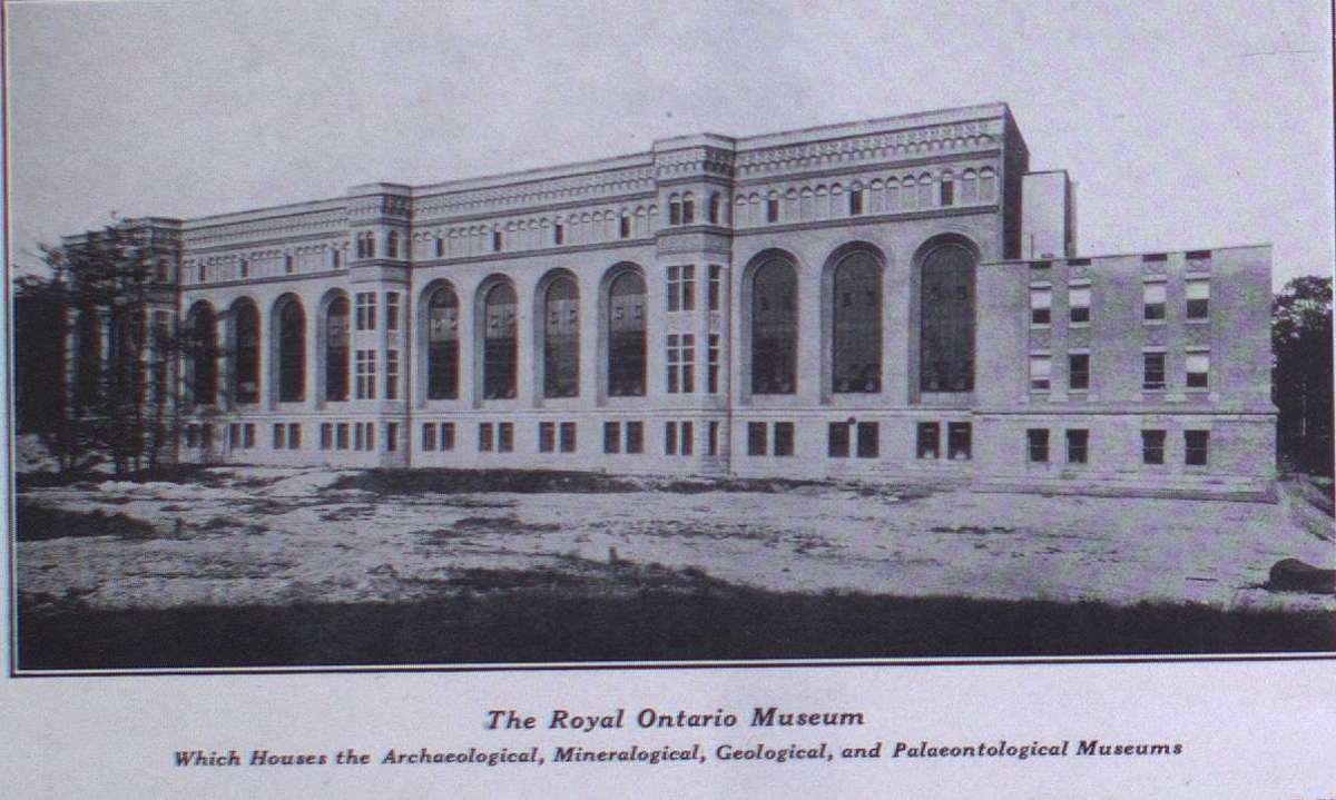 The Royal Ontario Museum building under construction showing a large, multi-windowed stone facade.