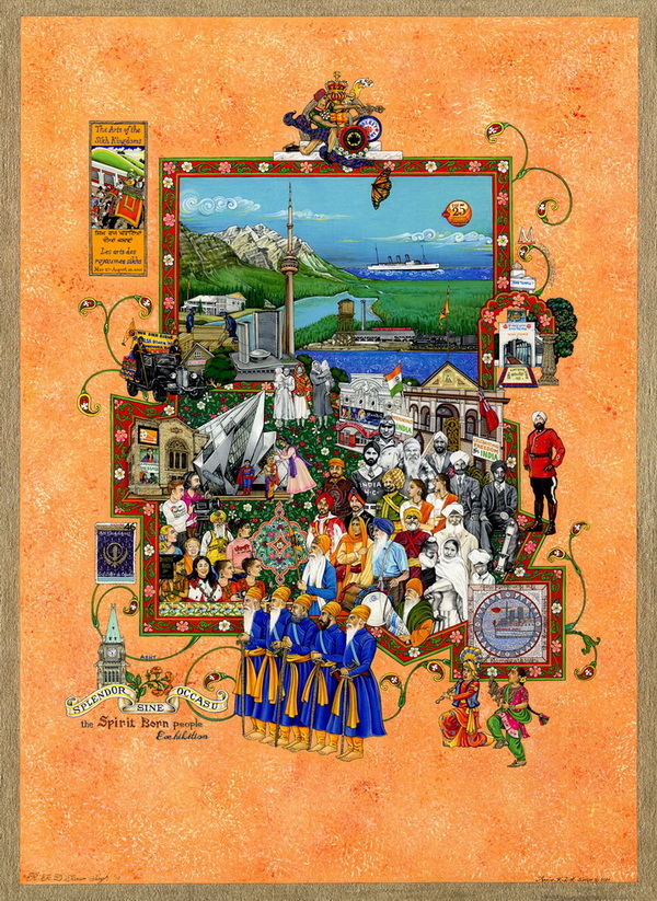 This image contains a detailed, colorful medieval-style illustration with various scenes, figures, and decorative elements surrounding a central coastal landscape.