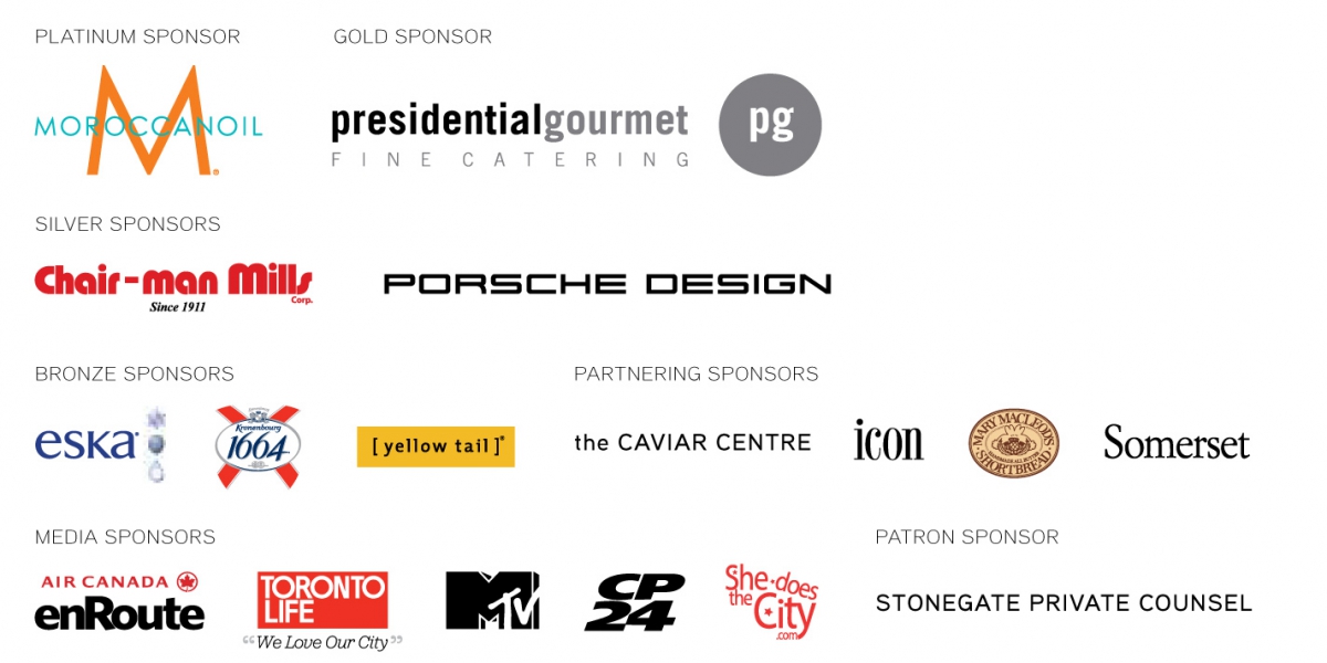 Royal Ontario Museum logo in orange and green, presidential gourmet logo with "PG" in circle, Chair-man miller logo in red, Porsche Design logo, and various sponsor logos in multiple colors.