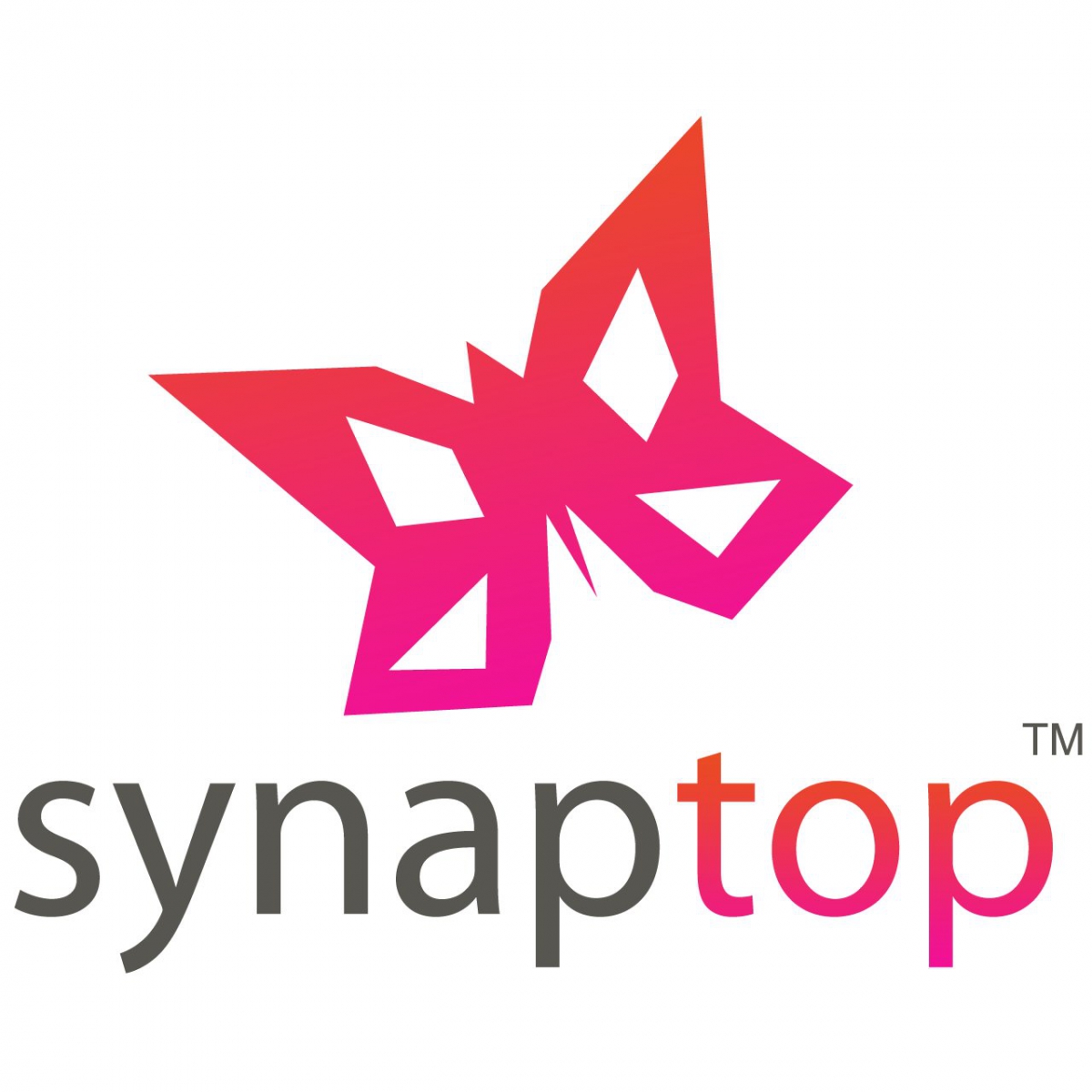 synaptop logo with stylized pink butterfly graphic and gray and red text.