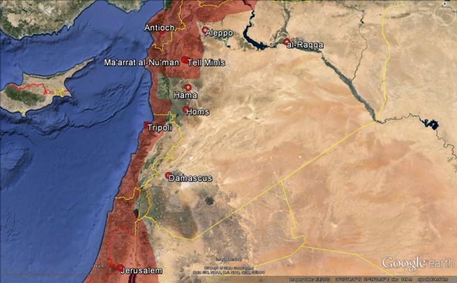 Map showing parts of Syria, Lebanon, and Israel with cities labeled including Damascus, Aleppo, Homs, Hama, Tripoli, Tyre, Sidon, and Beirut.