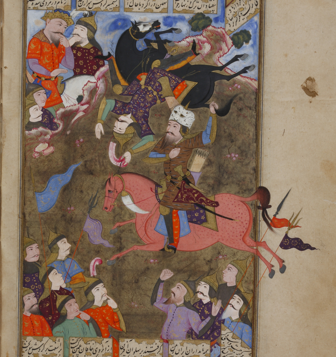 Illustrated manuscript page depicting mounted warriors in combat above a group of figures watching, with text panels in Persian script.