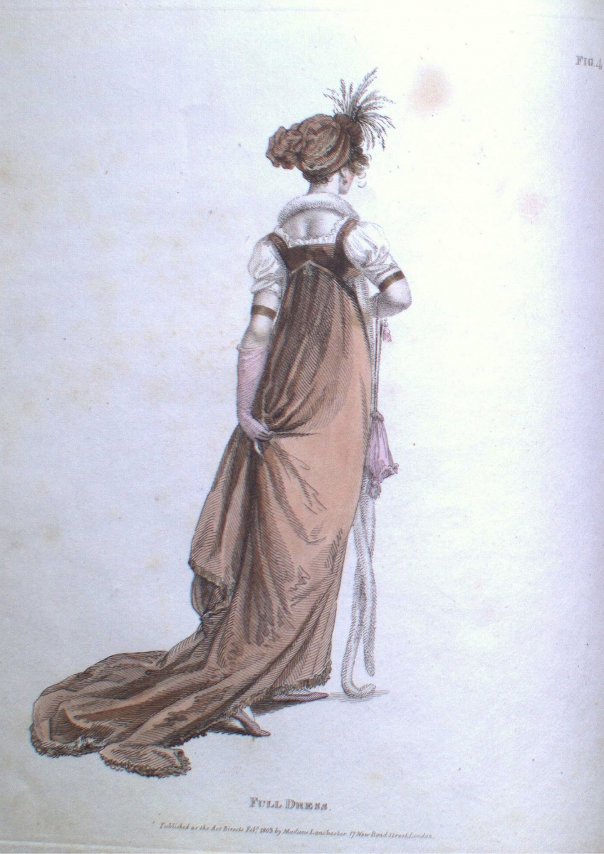 A woman in a long, flowing brown dress with puffed sleeves, holding a pink parasol behind her back.