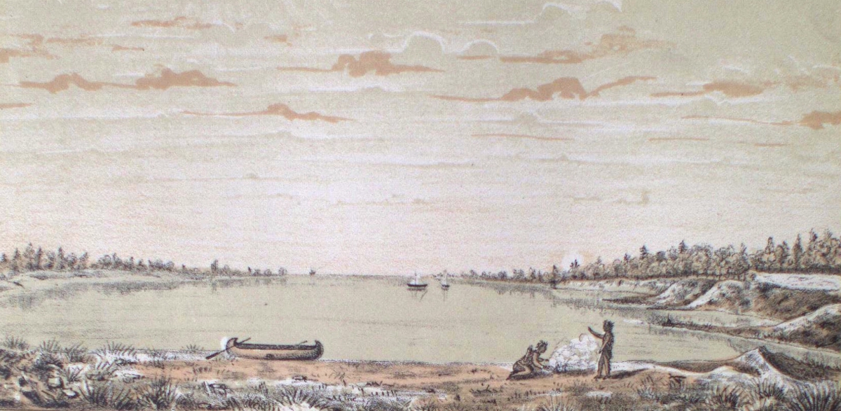 Wide river scene with a small boat floating on the water and figures on the riverbank in the foreground.