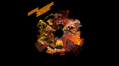 No visible text; abstract circular collage of warm-toned fragmented images on black background.