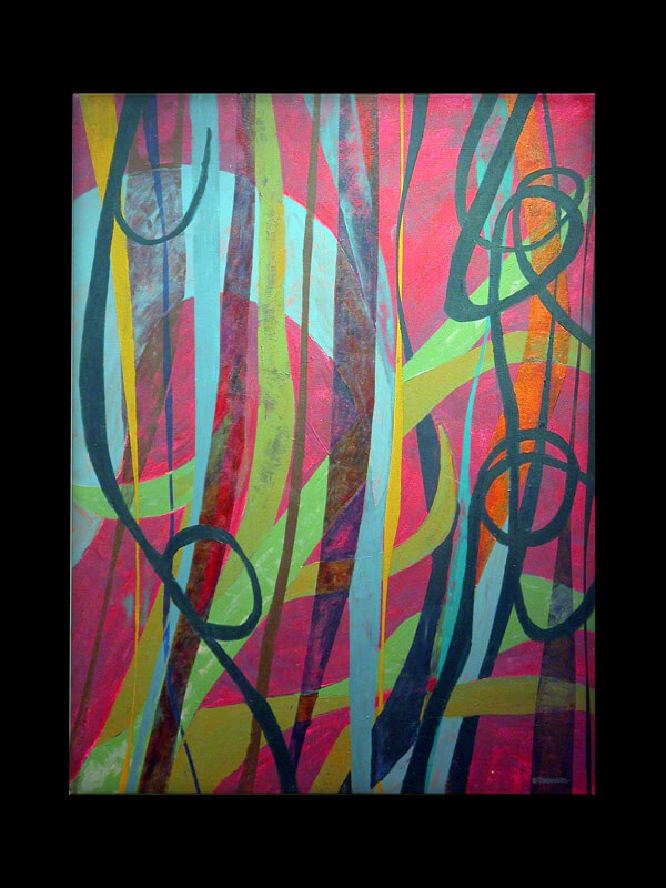 Peinture acrylique sur toile ; lignes roses, vertes et bleues.