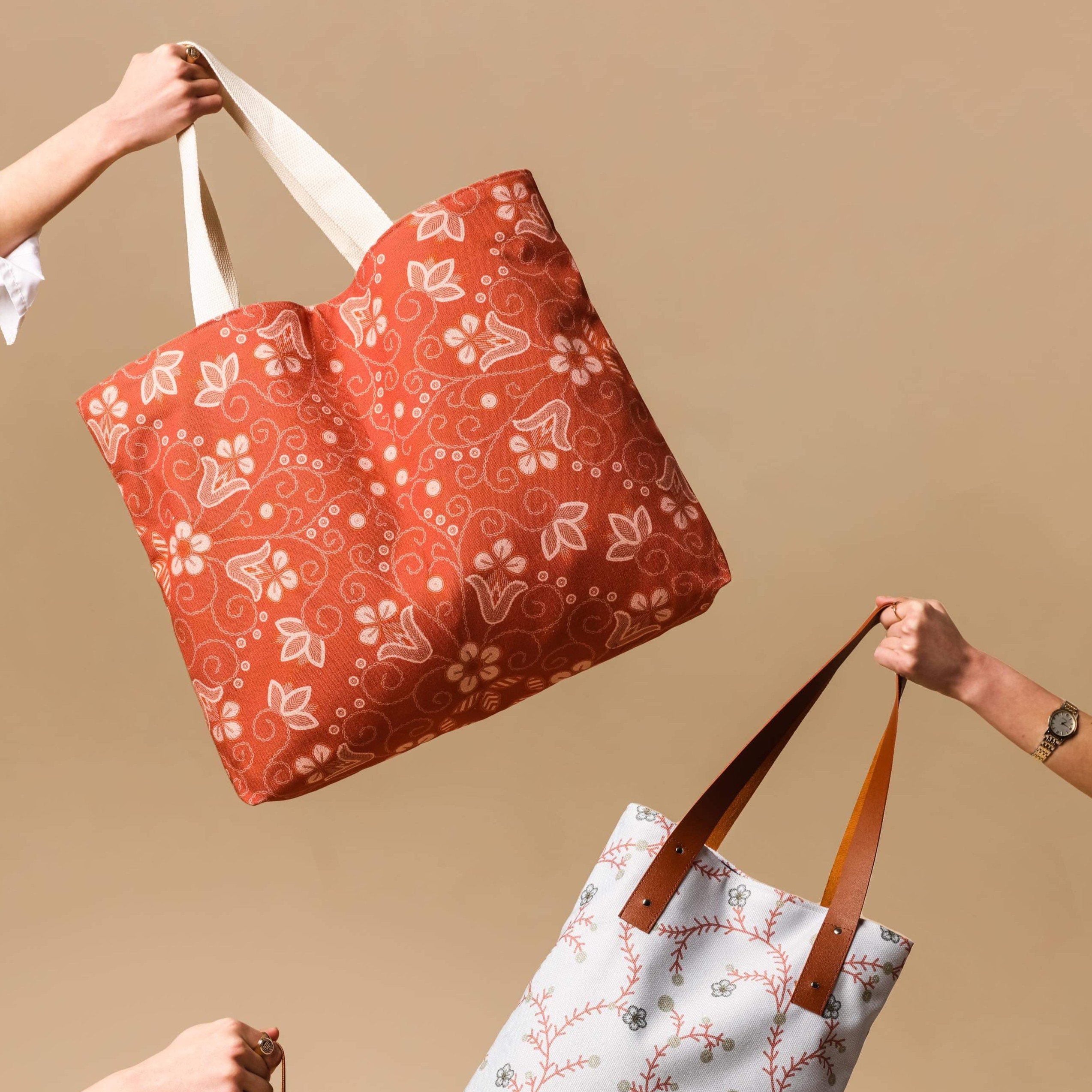 Multi-coloured totes.