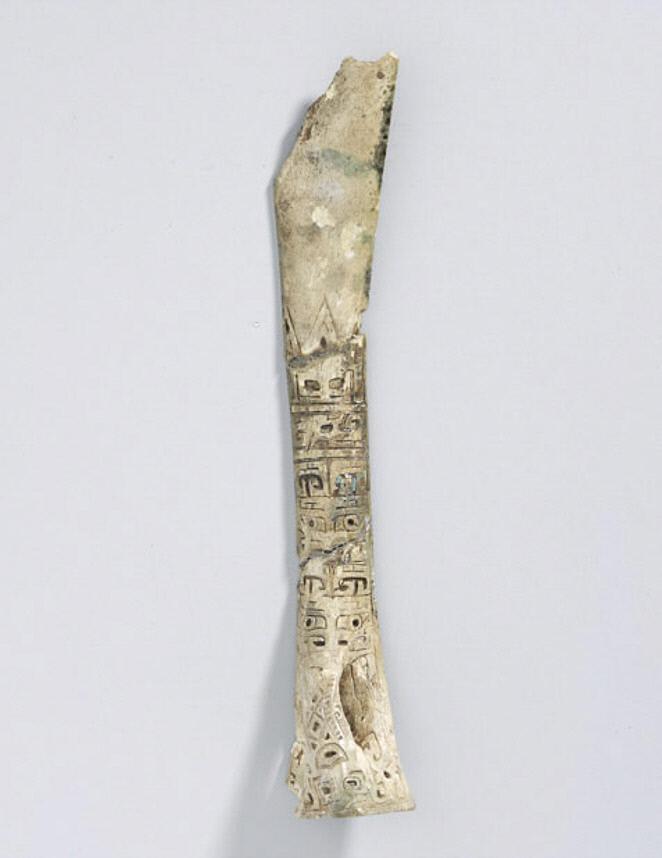 Trophée de chasse en os de tigre, os inscrit, première moitié du XIe siècle avant notre ère, dynastie Shang, période Anyang, cinquième période, Chine. Collection de l'évêque William C. White.