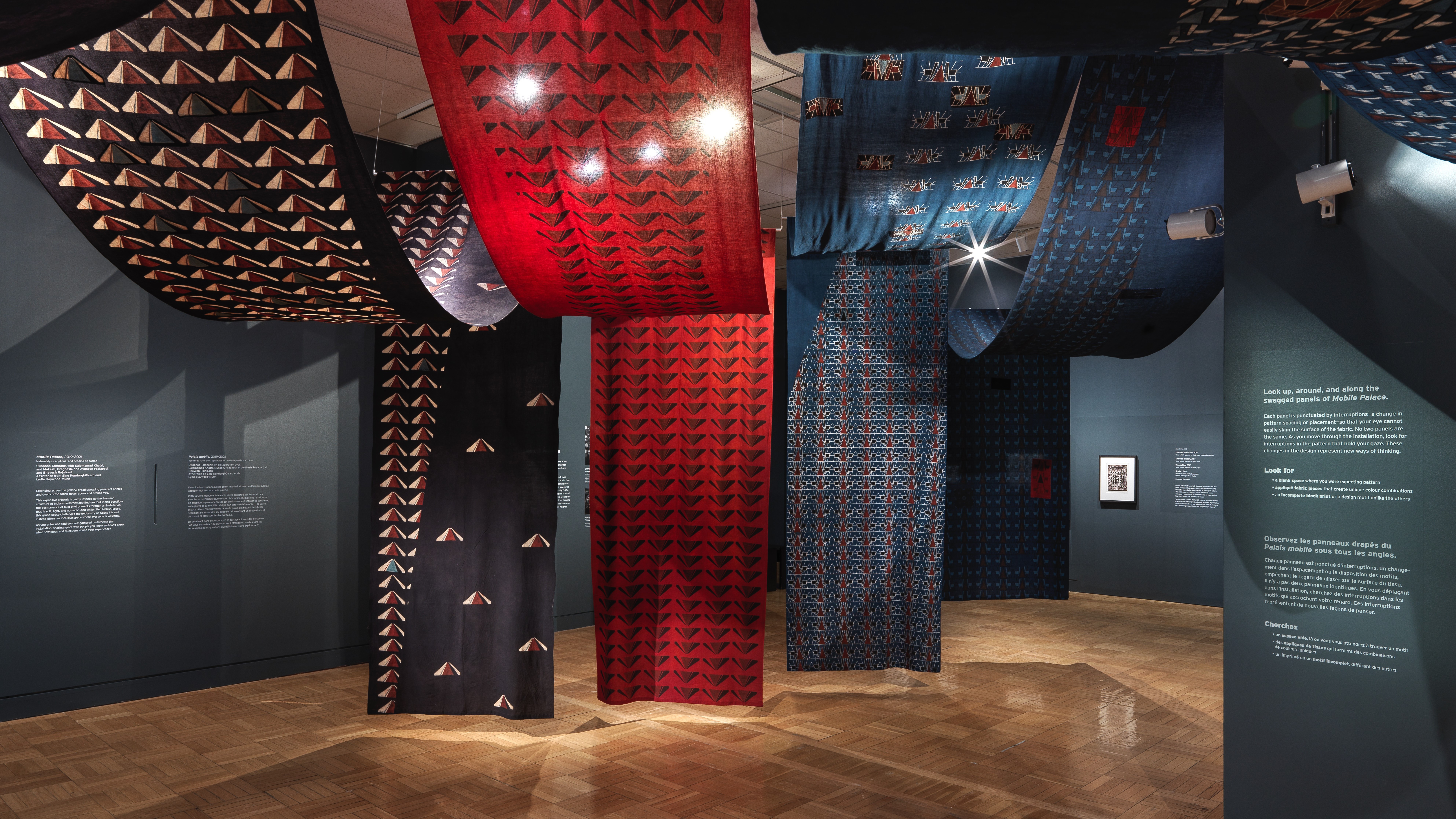 Section de panneaux de tissu de coton bleu et rouge imprimés à motifs, suspendus et accrochés, dans l'exposition Swapnaa Tamhane : Mobile Palace, au ROM.