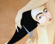 Stylized illustration of a person cutting their long black hair with blue scissors.