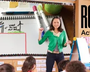 ROM Activity logo in black text on a colorful classroom photo background.
