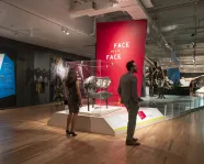 Intérieur d'une galerie de musée montrant deux visiteurs debout près d'un panneau rouge indiquant "FACE to FACE" au-dessus d'une exposition de fossiles.