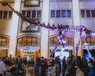 Large dinosaur skeleton exhibit with a long neck surrounded by a crowd of museum visitors indoors.