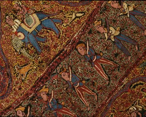 Colorful textile with intricate patterns depicting human figures, elephants, and floral motifs on a reddish-brown background.