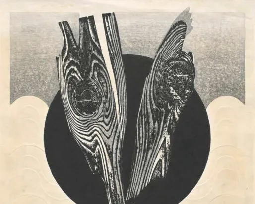 Woodblock print of a bird with its wings spread, set against a black circular background on a beige textured surface.