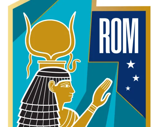 ROM logo featuring a stylized Egyptian figure in profile wearing a headdress, with the letters ROM on a blue background with stars.