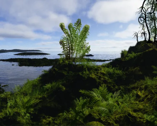 Coastal landscape with moss-covered rocks, a small evergreen tree, and a partly cloudy sky.