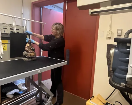 A woman adjusts a device near a Buddha statue on a metal table beside shelving and a red door.