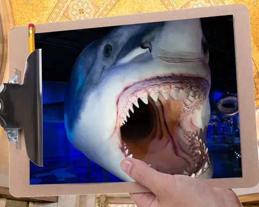 Une main tient un presse-papiers devant une galerie au plafond en mosaïque. Le presse-papiers contient la photo d'un énorme requin à la gueule béante.