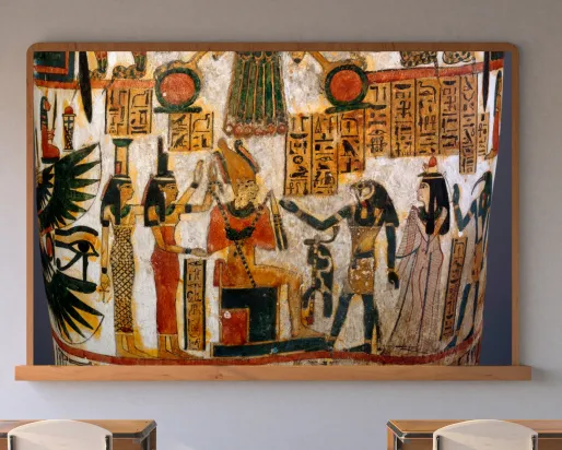 A screen in a classroom displays a scene from an ancient Egyptian coffin with hieroglyphs.