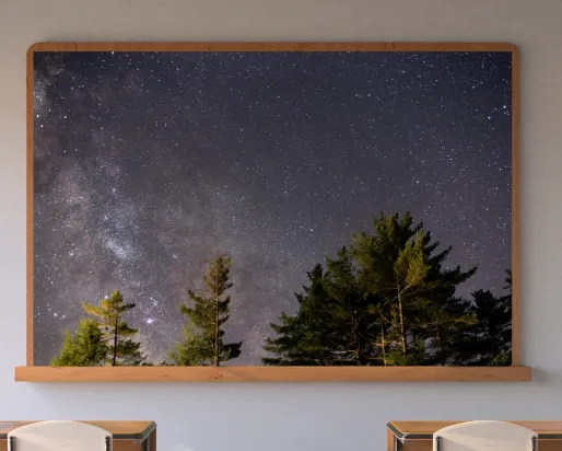 A screen in a classroom displays an image of the starry night sky framed by trees.