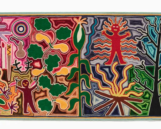 Harvest Yarn Painting, (about 1950–1975), Unrecorded Huichol artist, Mexico. Made with yarn, wax, wood. 