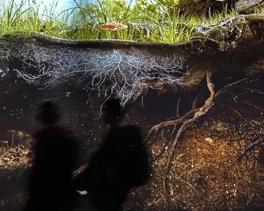 People in front of a screen that shows an underground view of roots growing in the land.