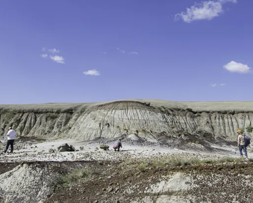 Four people scattered across a rocky, layered cliff landscape under a blue sky with a few clouds.