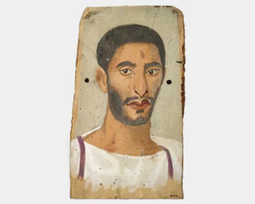 Portrait of a man with dark hair, beard, and mustache, wearing a white tunic with purple stripes on the edges.