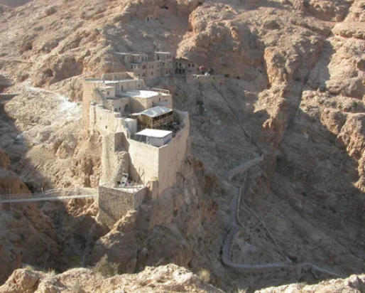 The main monastery buildings at Deir Mar Musa, Syria, from the South., the same view as the reconstructions in the blog.
