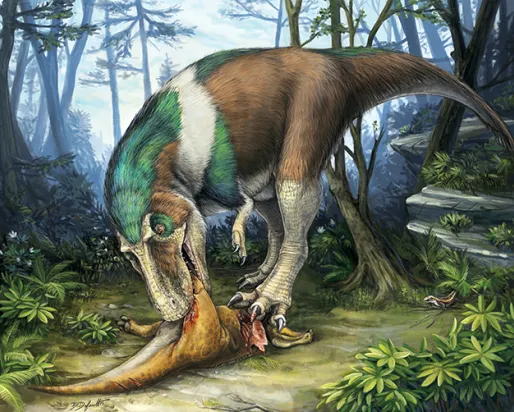 Illustration of a feathered dinosaur standing over a fallen individual in a dense forest setting.