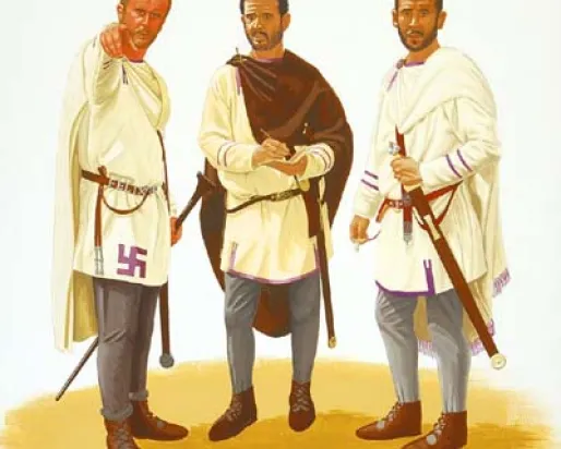 Illustration of three men standing, wearing white and beige robes with belts and holding swords.