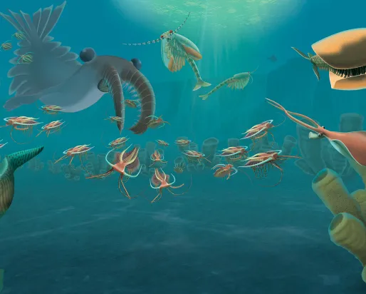 An artist's illustration of an ancient sea scape teeming with life.