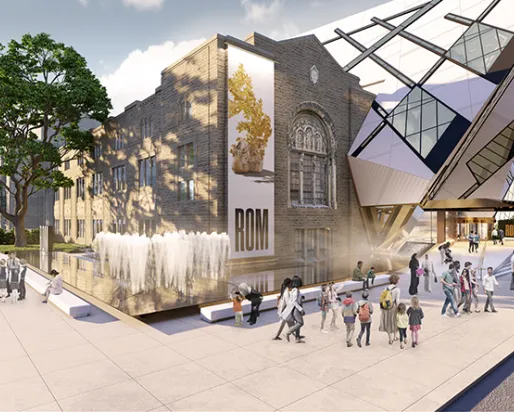 Exterior view of the Royal Ontario Museum with its modern crystal-like angular facade and historic stone building.