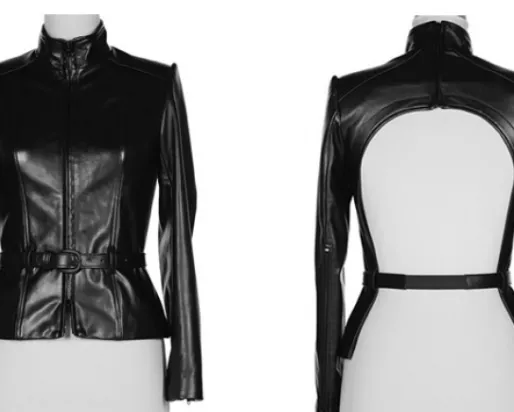 Front and back views of a black leather jacket with a high collar and a large open cutout on the back.